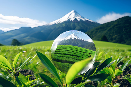 植物茶园雪山下的田园风光设计图片