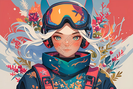 滑雪头盔花丛里的女人戴着头盔插画