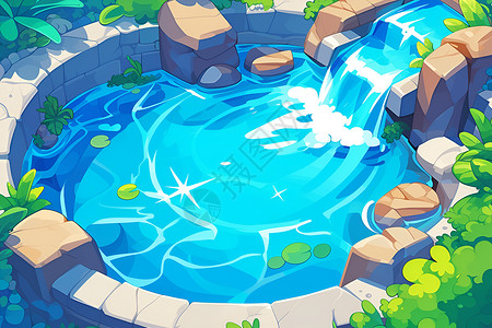 温泉池池中的瀑布温泉插画