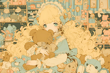 抱着小熊的女孩抱着玩偶的女孩插画