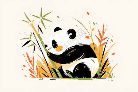 抱着竹子的熊猫插画高清图片