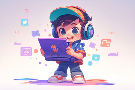 游戏笔记本电脑抱着笔记本电脑的男孩插画