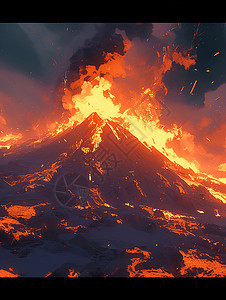 火山熔浆爆发中的火山插画