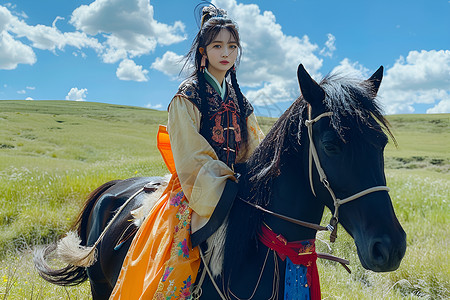 荷花与汉服少女美丽的少女骑黑马背景