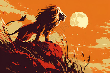 黄色月光月光下的狮子插画