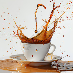 在桌子上洒落在杯子上的咖啡设计图片