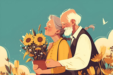 恩爱老年夫妻拜年老人抱着花朵插画