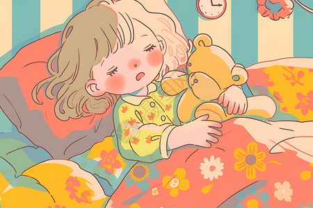 少女和玩具熊少女与玩偶的甜蜜梦境插画