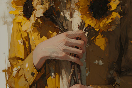 绚丽油画少女手握向日葵背景图片