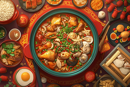 新鲜叶菜丰盛独特的中国年菜盛宴插画