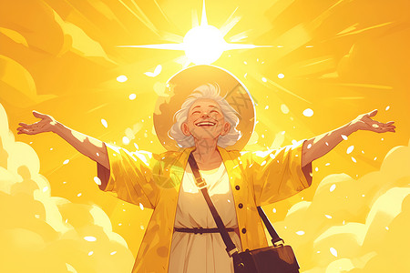 张开双臂拥抱老奶奶在阳光下张开双臂插画