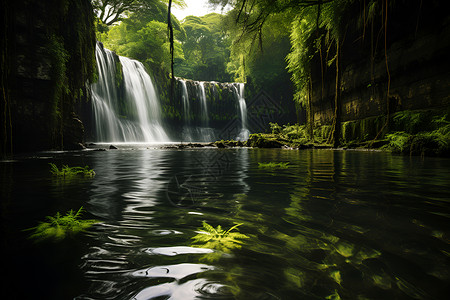 悬崖岩石绿色湖泊上的瀑布背景