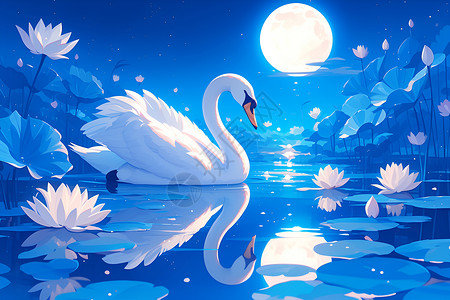 慈湖中的天鹅夜晚湖中的白天鹅插画