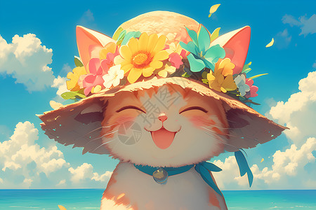 沙滩上的花帽猫咪高清图片