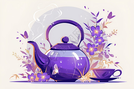 卡通茶具花丛里的茶壶插画