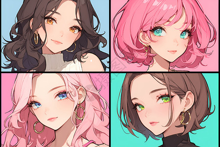 多彩色多彩发色的四个可爱女孩插画