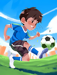 球场踢着足球的男孩插画