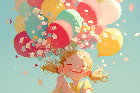手拿气球的女孩手拿气球和花朵的女孩插画
