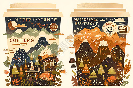 咖啡杯包装展示山水画包装的咖啡杯插画