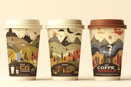 咖啡杯包装展示山景杯的咖啡杯包装插画