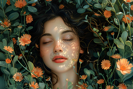 女性嘴唇躺在花丛中的女子插画