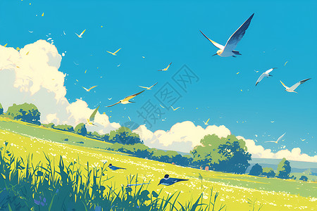 东京天空树鸟儿飞过的田野插画