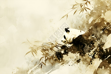 水墨画熊猫边框熊猫吃竹子的景象插画
