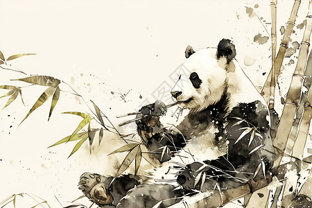 水墨画熊猫边框熊猫吃着竹子插画