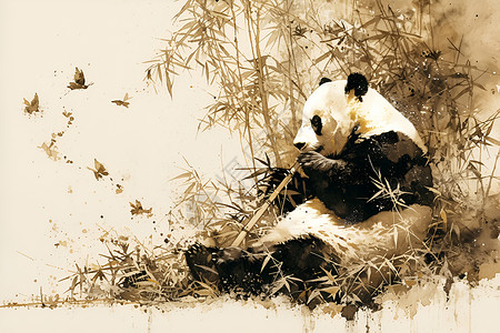 水墨画熊猫边框熊猫品味竹子插画