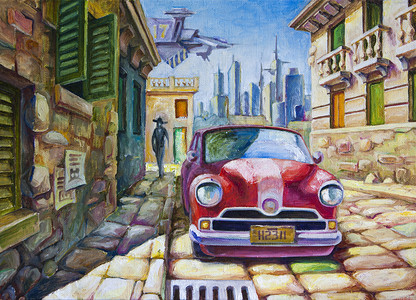 经典油画老红车站南部城市阳光明媚的街道上,靠近古老的殖民风格的建筑建筑油画70x50厘米阳光明媚的街道上的旧红色汽车背景