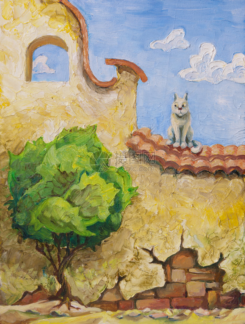 猫树猫坐老黄墙上,看着那棵绿色的小树的油画,30x40厘米图片