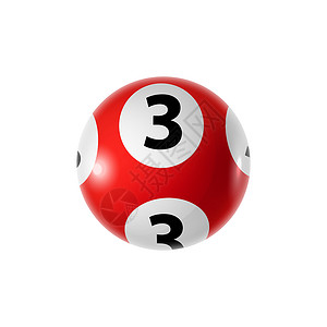 大乐透洛托运动球与第三个红色球体矢量宾果或凯诺彩票标志红色球体与数字3隔离宾果球背景