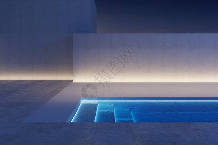 个豪华的现代后院,有游泳池,3D渲染图片