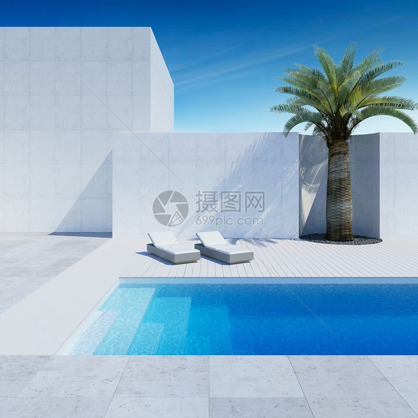 豪华的现代后院与游泳池,3D渲染图片