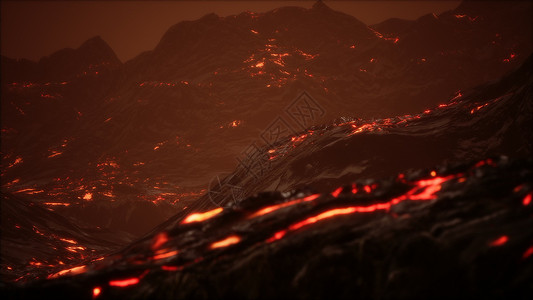 火山喷发电闪雷鸣红色橙色充满活力的熔岩流灰色拉瓦菲尔德光滑的岩石土地上背景