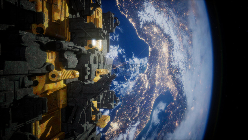 宇宙飞船与行星地球三维渲染元素的这幅图像由美国宇航局提供三维渲染中的宇宙飞船图片