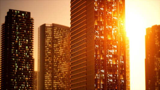 商业中心摩天大楼的日落航拍图片