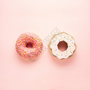 创意,静物健康饮食照片,真正的甜甜圈糕点,甜点,垃圾食品张纸粉红色的背景图片