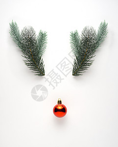 创意静物假日照片松树树枝圣诞玩具球形状的鹿头白色背景图片