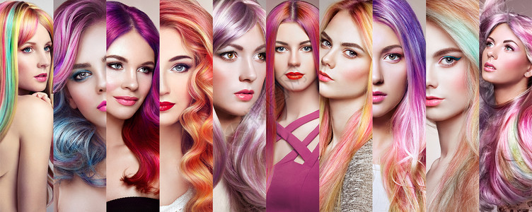 美丽时尚拼贴女孩五颜六色的染发女人的脸化妆粉红色发型完美的女孩图片