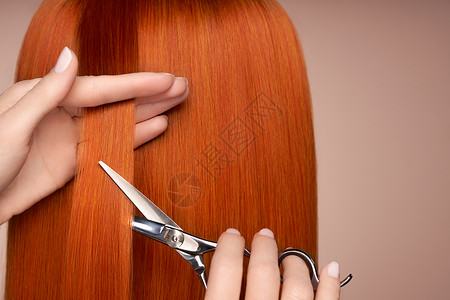理发师用剪刀剪红色的长发发廊,发型师护理美容美发产品染了头发图片