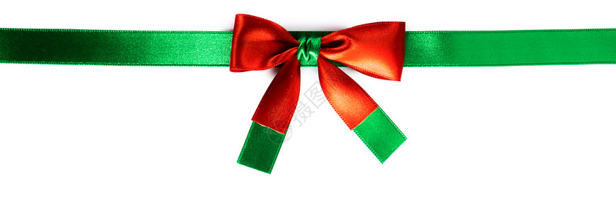 优雅的缎子红色绿色丝带蝴蝶结隔离白色背景上红色绿色丝带蝴蝶结隔离白色上背景图片