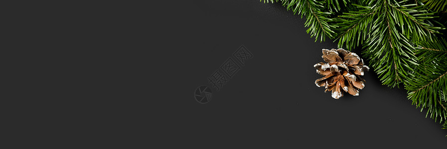圣诞边界安排新鲜冷杉枝松果黑色的纸背景,的文本冷杉树枝的圣诞边界图片