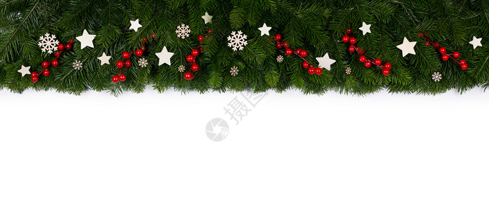 圣诞架自然冷杉圣诞树边框与装饰隔离白色,为文本冷杉树枝架白色上背景