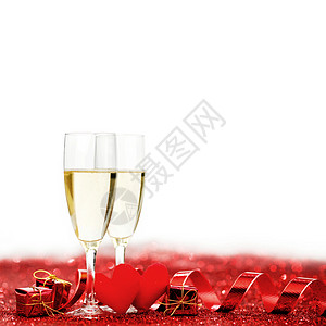 情人节香槟与红色闪光装饰图片