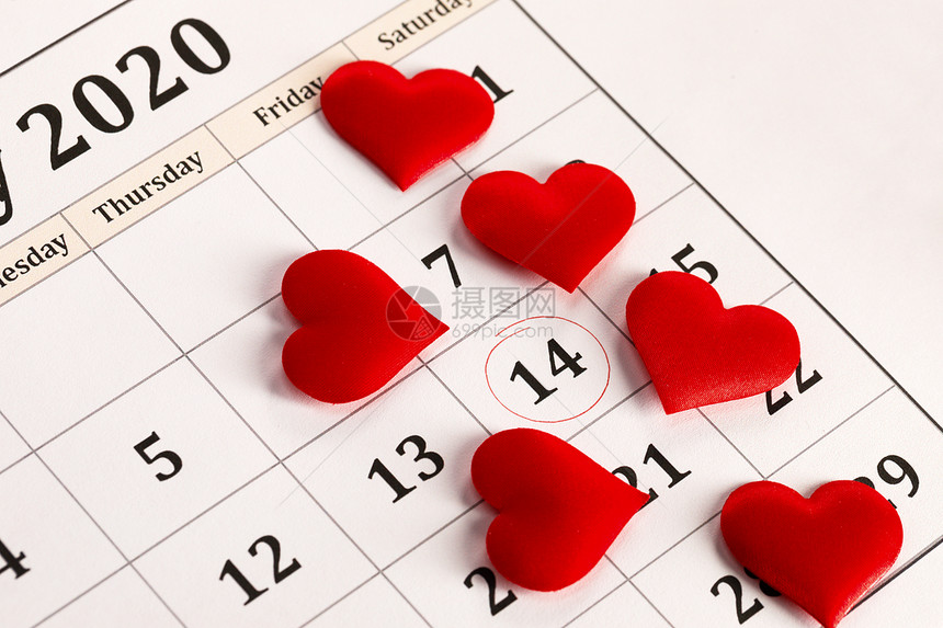 情人节红丝心日历上有2月14日的约会背景,爱情,庆祝情人节日历图片