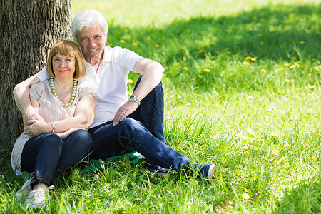 有吸引力的已婚老年夫妇坐春天草地的树下享受着相聚老年夫妇喜欢起图片