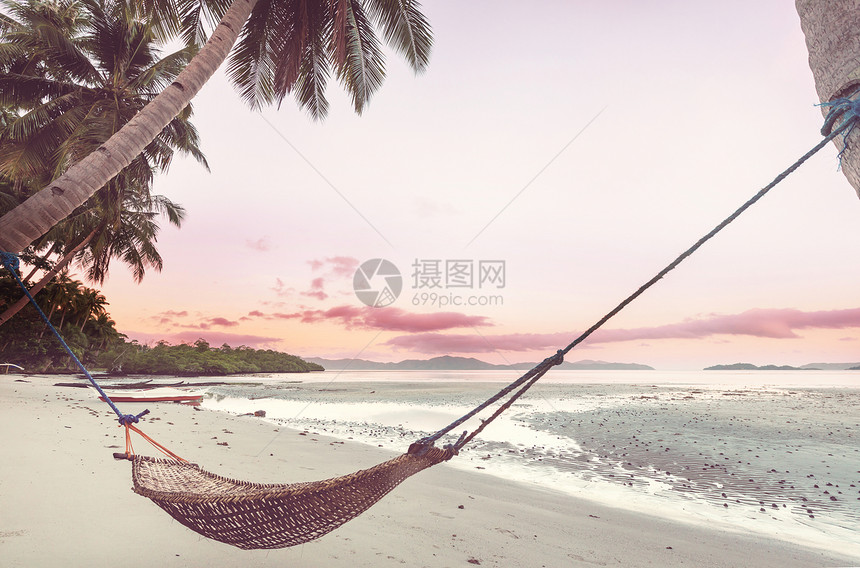 热带天堂海滩有棕榈树传统的编织吊床图片