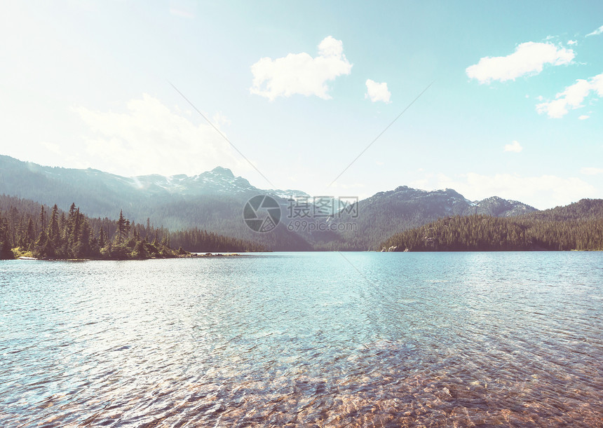 平静的景色山湖边,岩石平静的水中反射图片