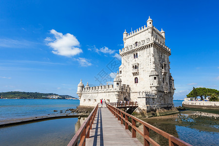 海城堡地方贝伦塔个强化塔,位于葡萄牙里斯本圣玛丽亚德贝伦的民间教区背景
